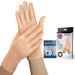 A pair of beige Dr. Arthritis Premium Compression Gloves (Full-Fingered), designed for hand arthritis relief, displayed in front of their packaging that highlights health benefits.