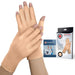 A pair of beige, realistic prosthetic hands displayed alongside a health handbook on arthritis and product packaging for Dr. Arthritis Premium Compression Gloves (Open-Finger).