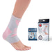 A woman wearing a Dr. Arthritis ankle compression sleeve with a package looks for advice on joint compression products.