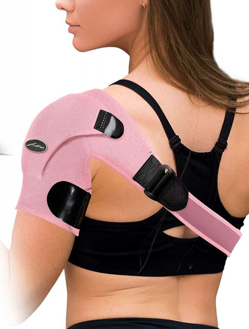 Woman wearing a pink Dr. Arthritis posture correcting shoulder support brace.