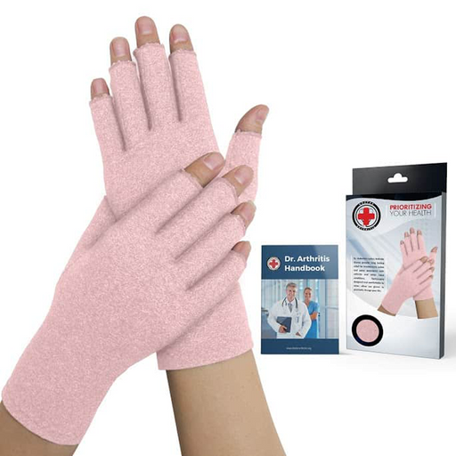 A pair of Dr. Arthritis Premium Compression Gloves (Open-Finger) displayed next to their packaging with an accompanying handbook.