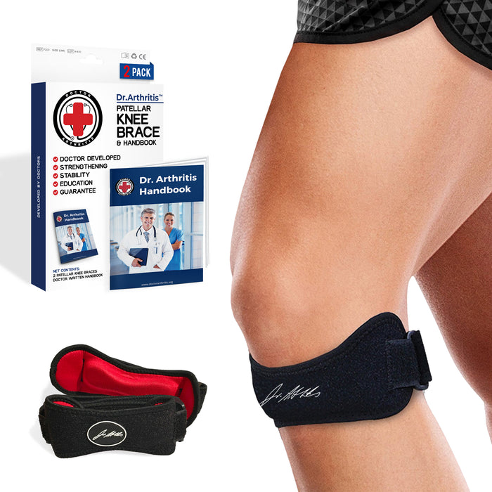 Dr. Arthritis Patella Tendon Strap product display, featuring packaging, the strap on a person's knee, and an included handbook.