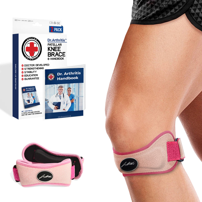 A person wearing a pink Dr. Arthritis patella tendon strap and the product's packaging displayed to the left.