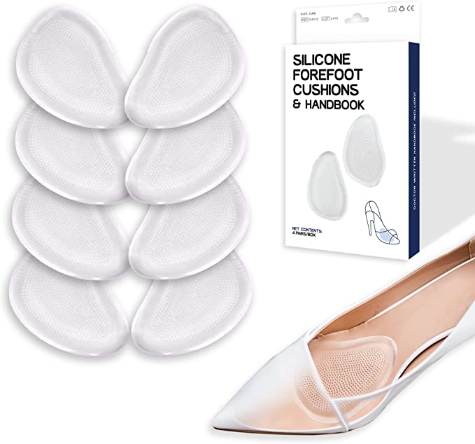 A Dr. Arthritis product image of six Metatarsal Pads for Women & Men alongside a shoe demonstrating their use, with Dr. Arthritis product packaging visible in the background.