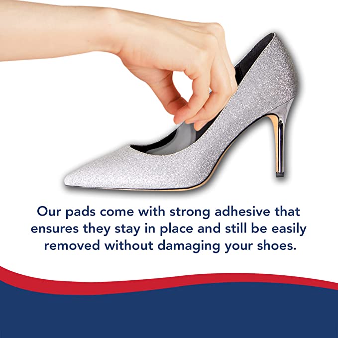 A hand holding a glittery silver high-heeled shoe against a white background with text describing Dr. Arthritis Metatarsal Pads for Women & Men, Insoles Shoe Pads Mortons Neuroma & Handbook (4 Pair/Box) for shoes.