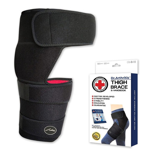Adjustable Stabilizing Hip Support Brace with packaging and accompanying handbook by Dr. Arthritis.