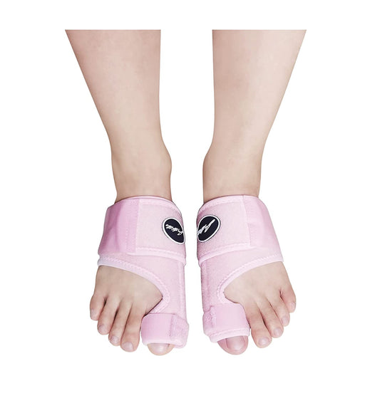 A pair of feet wearing Dr. Arthritis pink Toe Straightener Foot Brace sandals against a white background.