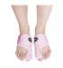 A pair of feet wearing Dr. Arthritis pink Toe Straightener Foot Brace sandals against a white background.