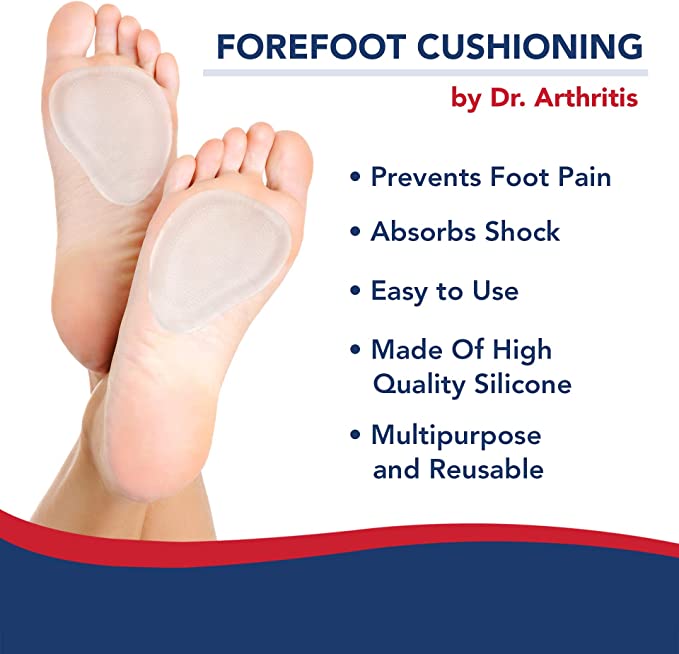 An advertisement for Dr. Arthritis Metatarsal Pads for Women & Men, highlighting features like pain prevention and shock absorption, with an image of a person holding their feet up to display the pads.