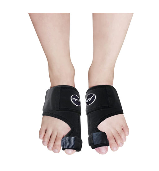 A pair of feet fitted with Dr. Arthritis Toe Straightener Foot Braces against a white background.