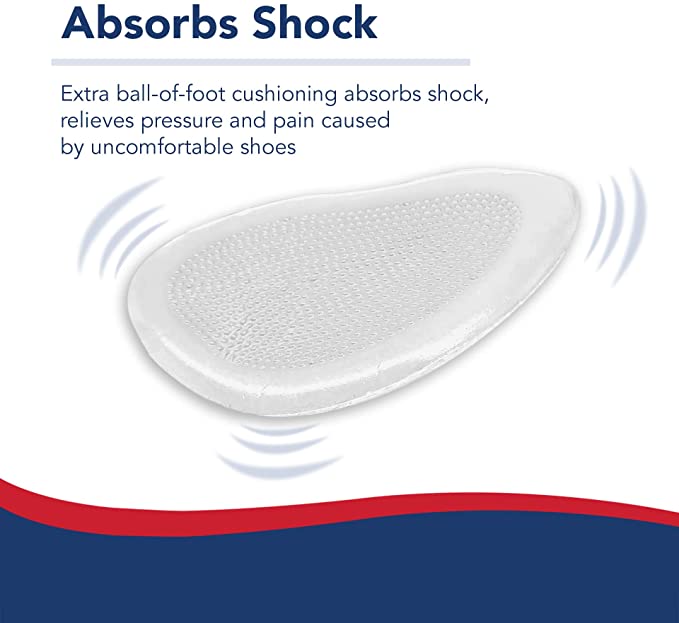 A white, oval-shaped Dr. Arthritis shoe insole designed for ball-of-foot cushioning with text highlighting its shock-absorbing properties.