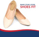 A pair of beige flat shoes on a white surface with the text "make your loose shoes fit with Dr. Arthritis High Heel Grips Blister Protectors Heel Cushions, Handbook Included (4 Pairs).