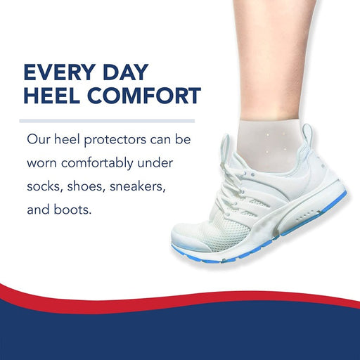A promotional image highlighting the comfort of Dr. Arthritis Silicone Gel Heel Cups for Shoes (2 Pair/ Box) that can be worn with various types of footwear.