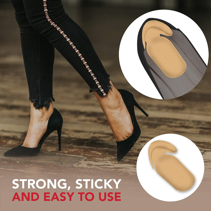 A woman, benefiting from compression gloves as a hand arthritis treatment, showcased Dr. Arthritis High Heel Grips Blister Protectors Heel Cushions with adhesive sole protectors as strong and easy to use.