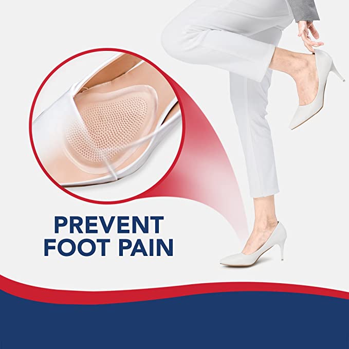 Advertisement showing a woman's lower legs and heels, stepping with one foot on a Dr. Arthritis Metatarsal Pads for Women & Men circular gel cushion inset. text reads "prevent foot pain." background is blue and red.