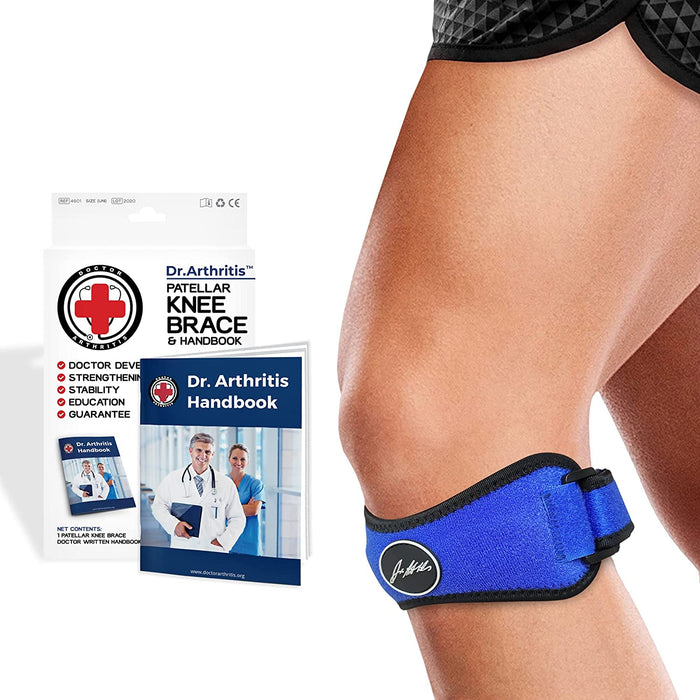 A Dr. Arthritis Patella Tendon Strap on a person's leg next to its packaging and an informational handbook.