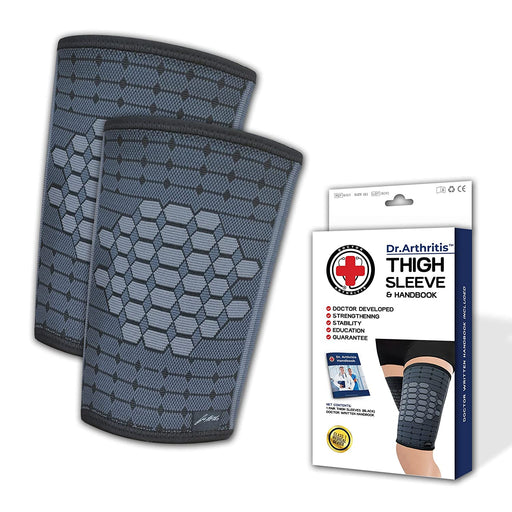 A pair of Dr. Arthritis Thigh Compression Sleeves for Women and Men with an included handbook displayed against a white background.