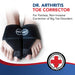 Pair of black Dr. Arthritis Toe Straightener Foot Braces on human feet against a white background, advertising a non-invasive solution for big toe disorders.