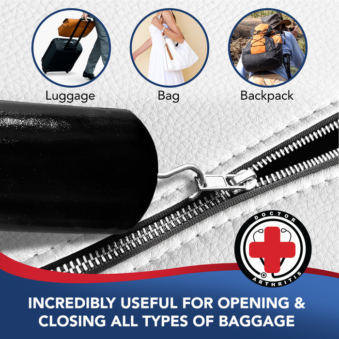 A Button Hook & Zipper Pull by Dr. Arthritis, that is used for opening and closing different bags in various colors.