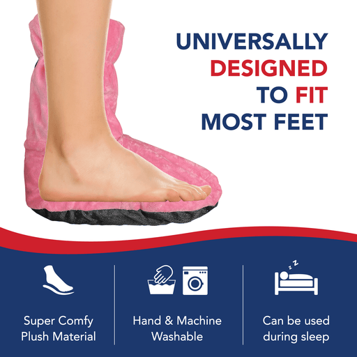 Heated Booties (Not for Walking in) by Dr. Arthritis, highlighting its universal fit, comfort, and suitability for sleep.