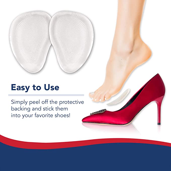 Image depicting a red high-heeled shoe with an inset showing Dr. Arthritis Metatarsal Pads for Women & Men, Insoles Shoe Pads Mortons Neuroma & Handbook (4 Pair/Box), accompanied by text explaining how to use them by peeling and sticking into shoes.