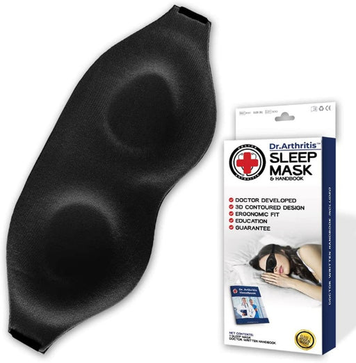 A black contoured Dr. Arthritis Sleep Eye Mask next to its packaging, which indicates it is a product developed by Dr. Arthritis, with emphasis on comfort and fit.