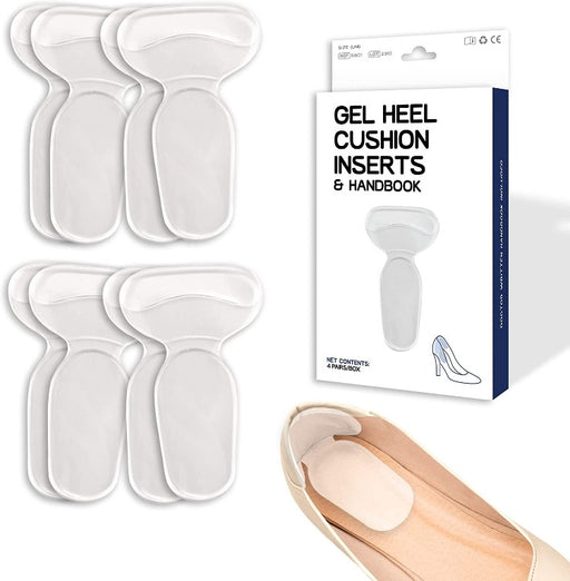 Set of Dr. Arthritis gel heel cushion inserts with packaging and a shoe demonstrating the insert in use.