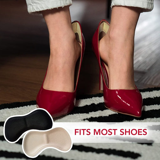 A person wearing red high heels with Dr. Arthritis Heel Grips for Womens Shoes Filler & Handbook (6 Pair/Box) displayed, emphasizing their universal fit for different shoe types.