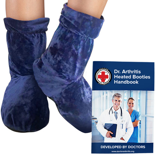 A pair of Dr. Arthritis heated therapy booties accompanied by a "Dr. Arthritis Heated Booties Handbook.