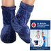 A pair of blue Dr. Arthritis heated booties and a companion handbook titled "Dr. Arthritis Heated Booties Handbook," suggesting a product designed to provide therapeutic heat to the feet, developed by medical professionals.