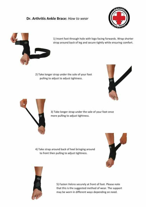 Diagram showing how to properly use a Dr. Arthritis Copper Lined Ankle Support Brace to reduce inflammation and provide joint stability.