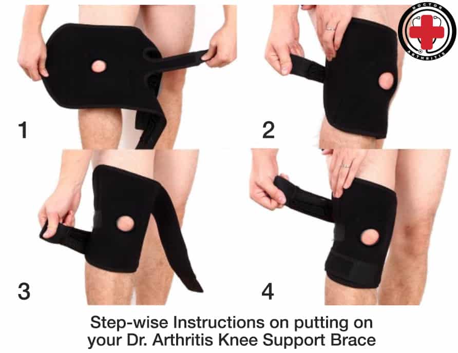 Step-by-step instructions on how to put on the Copper Lined Knee Support Band for Dr. Arthritis joint products.