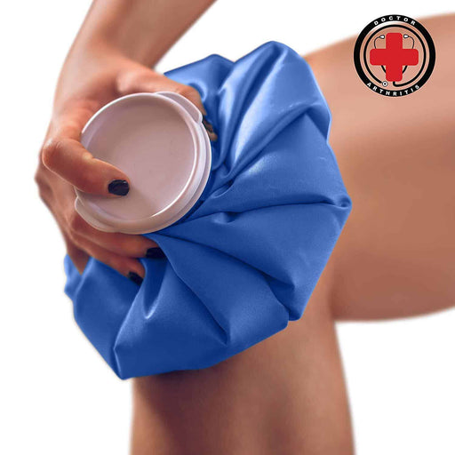 A woman using a Durable & Non-Spill Reusable Hot and Cold Compress Pack from Dr. Arthritis on her knee for pain relief due to inflammation.