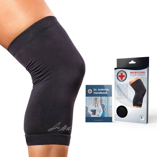 A woman's Dr. Arthritis Copper Infused Knee Sleeve with a package, infused with copper for arthritis support.