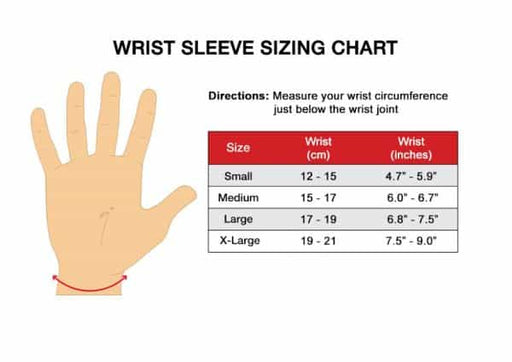 Size chart for Copper Infused Wrist Sleeve [Single] for compression and wrist support products by Dr. Arthritis.