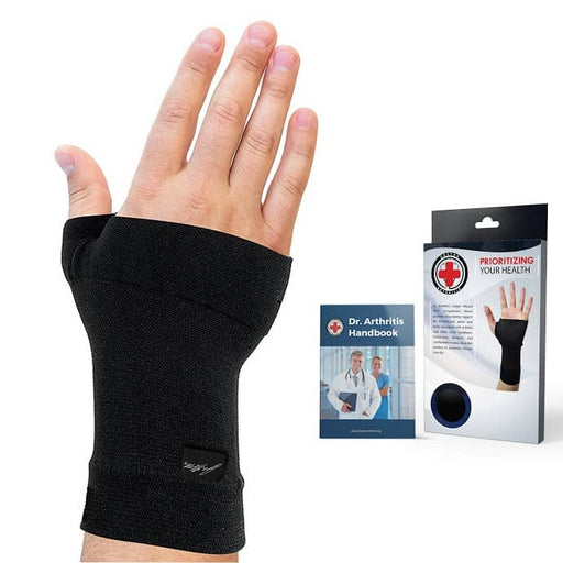 The man's hand is supported by a Dr. Arthritis Copper Infused Wrist Sleeve [Single].